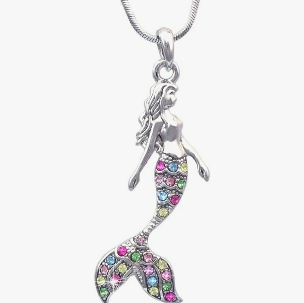 925 Sterling Silver Mermaid Pendant Necklace Crystals, Multi-Color Jewelry